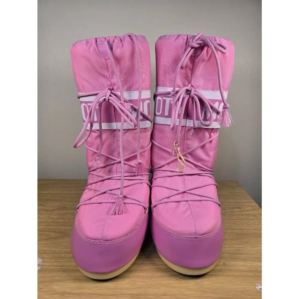 Moon Boot Icon Nylon Pink Women’s Snow Boots Size 12.5 Tall Lace Up Après-Ski
